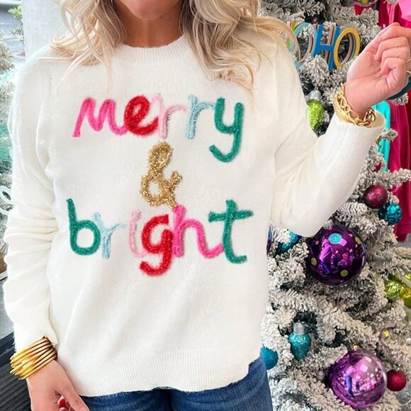 White Casual Women's Loose Letter Embroidered Christmas Sweatshirt - Picture 2 of 4